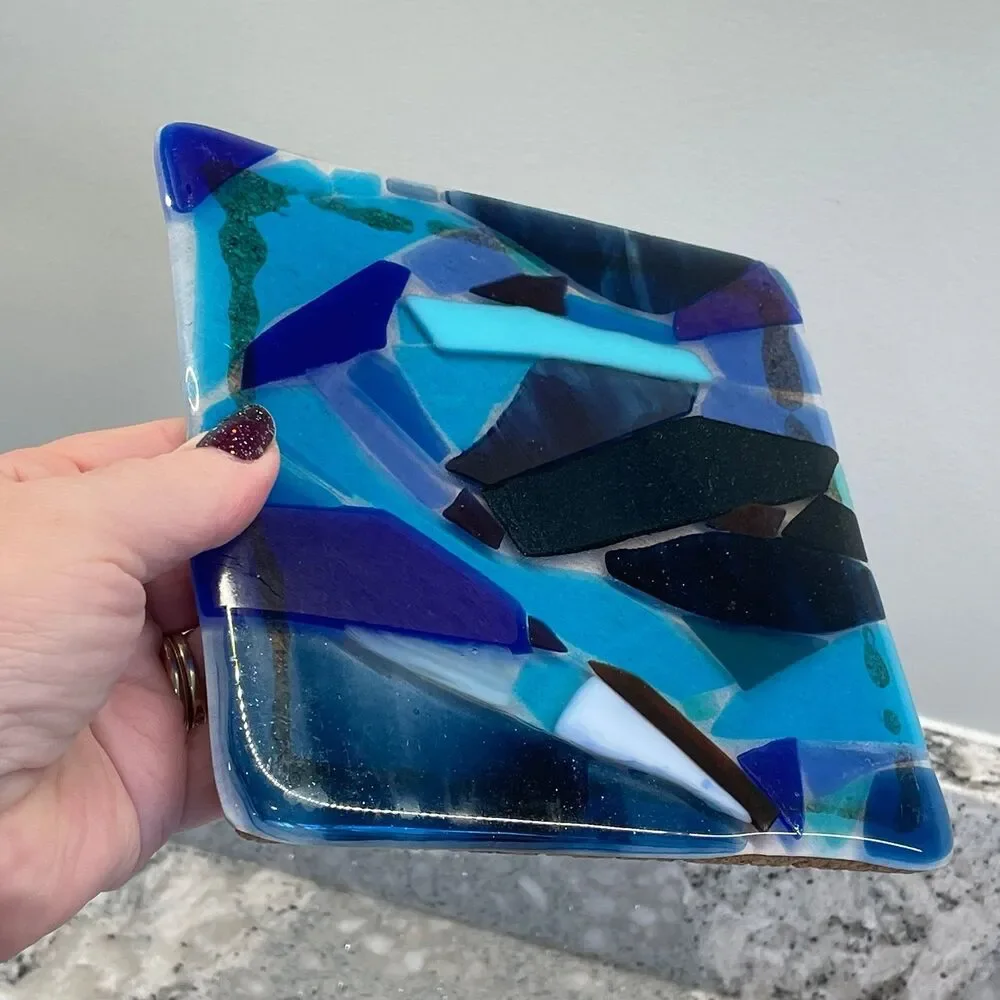 Kitchen Stove Top Hot Plate Handmade Trivet Fused Glass Style Iridescent Tones